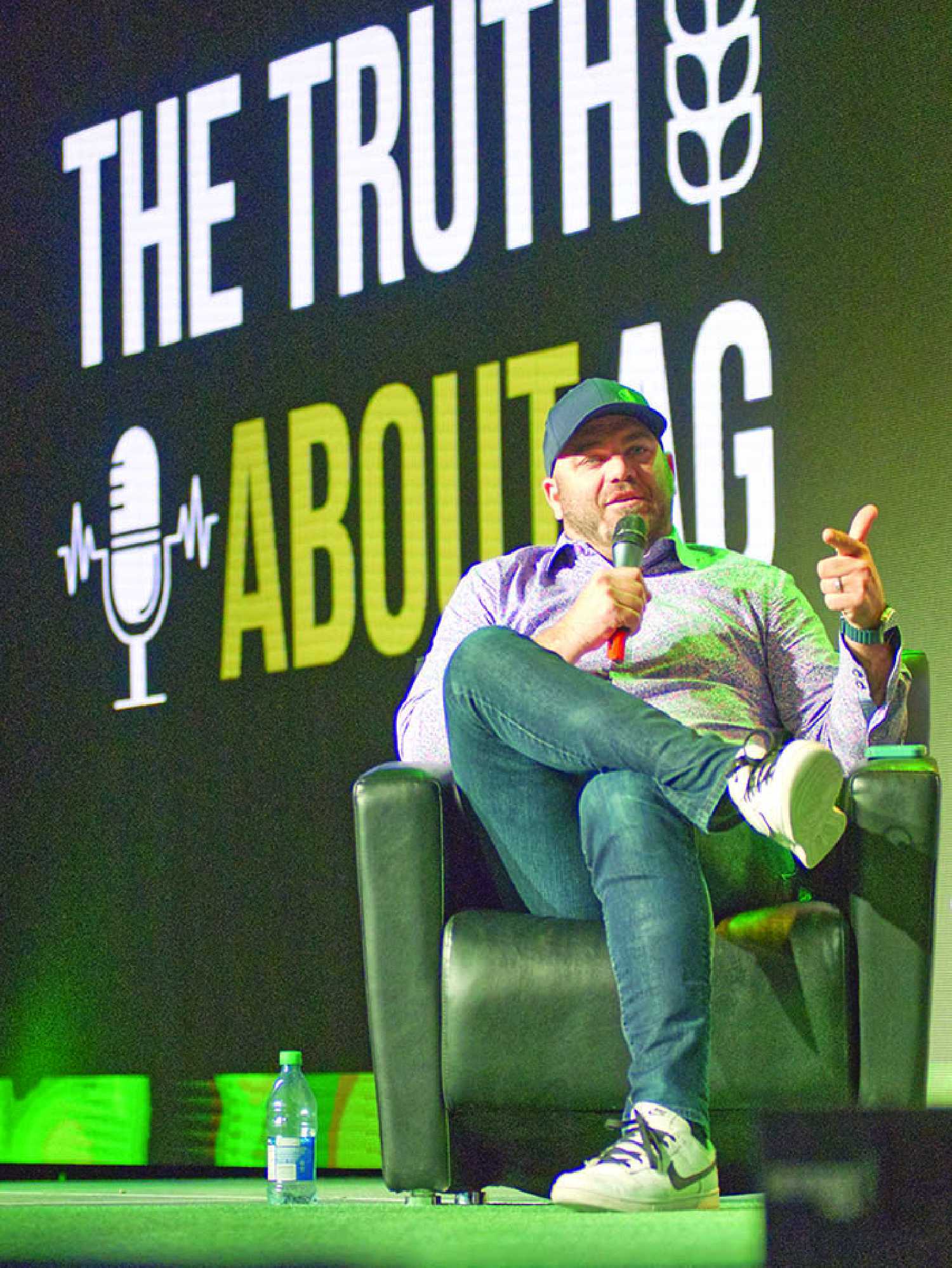 Kristjan Hebert answers a question during Canada’s Farm Show last week. Hebert and Evan Shout host “The Truth About Ag” podcast, recording an episode at the show.